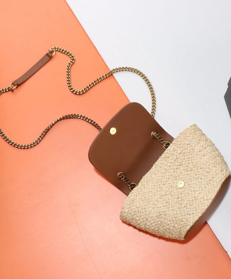 Saint Laurent Mini Manon In Raffia And Aged Vegetable-Tanned Leather Coffee